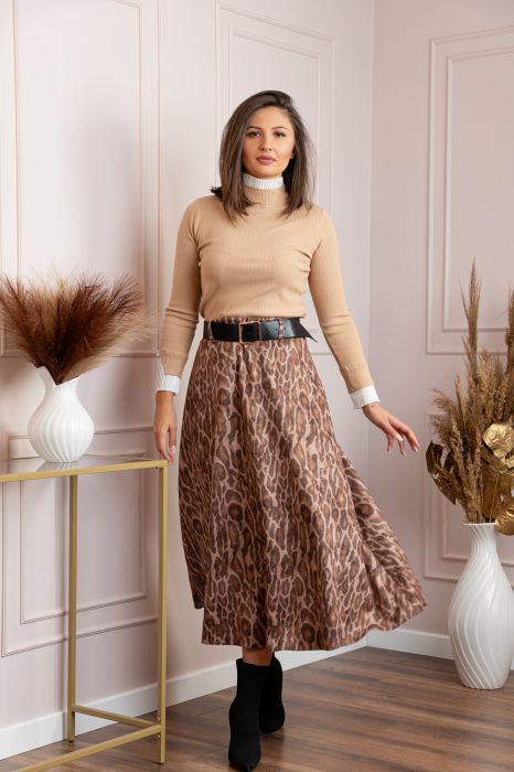 Fusta lunga bej din piele intoarsa ecologica animal print Jane