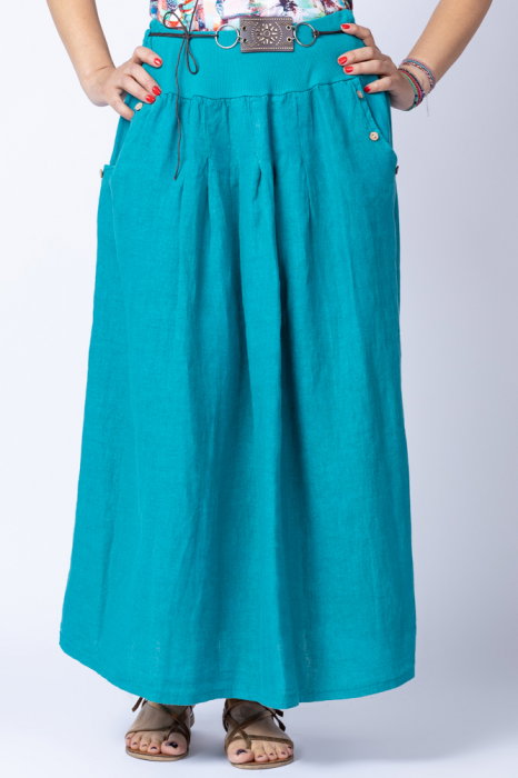 Fusta lunga casual, turcoaz, din in, cu o curea fancy