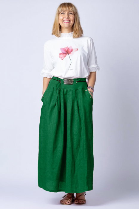 Fusta lunga casual, verde intens, din in, cu o curea fancy