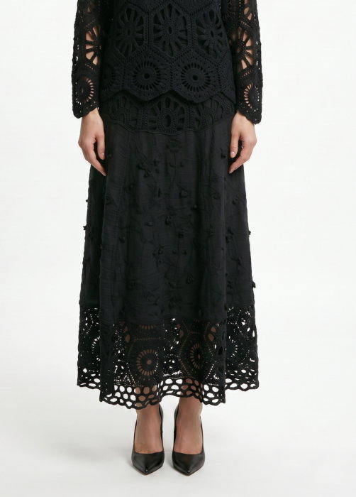 Fusta lunga din bumbac cu broderie, croi lejer, eleganta, neagra