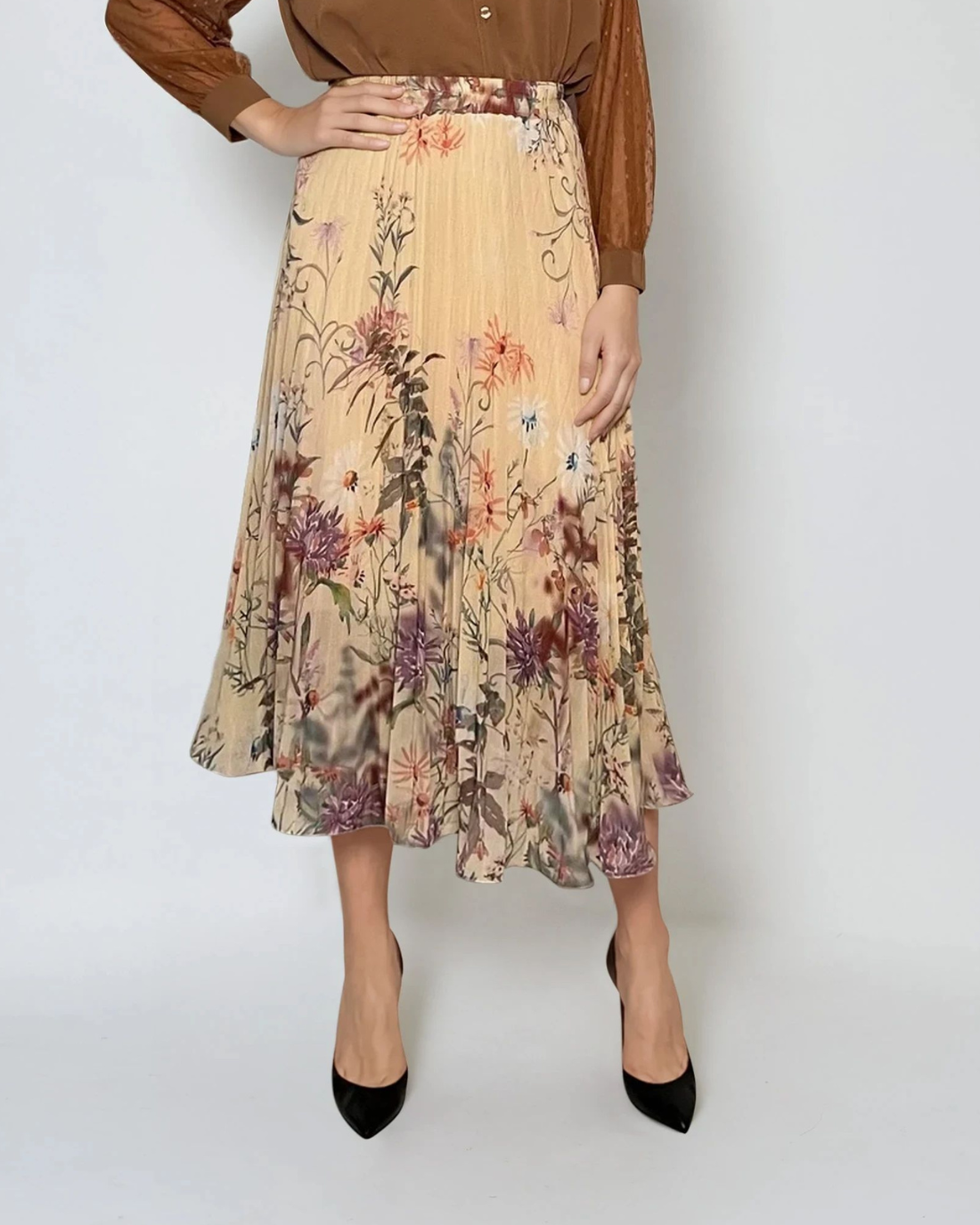 Fustă lungă din voal plisat cu print floral galben - Unica S-L