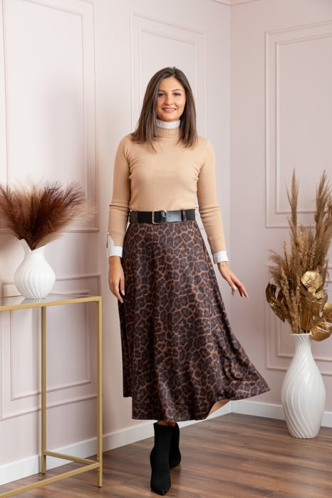 Fusta lunga maro inchis din piele intoarsa ecologica animal print Jane