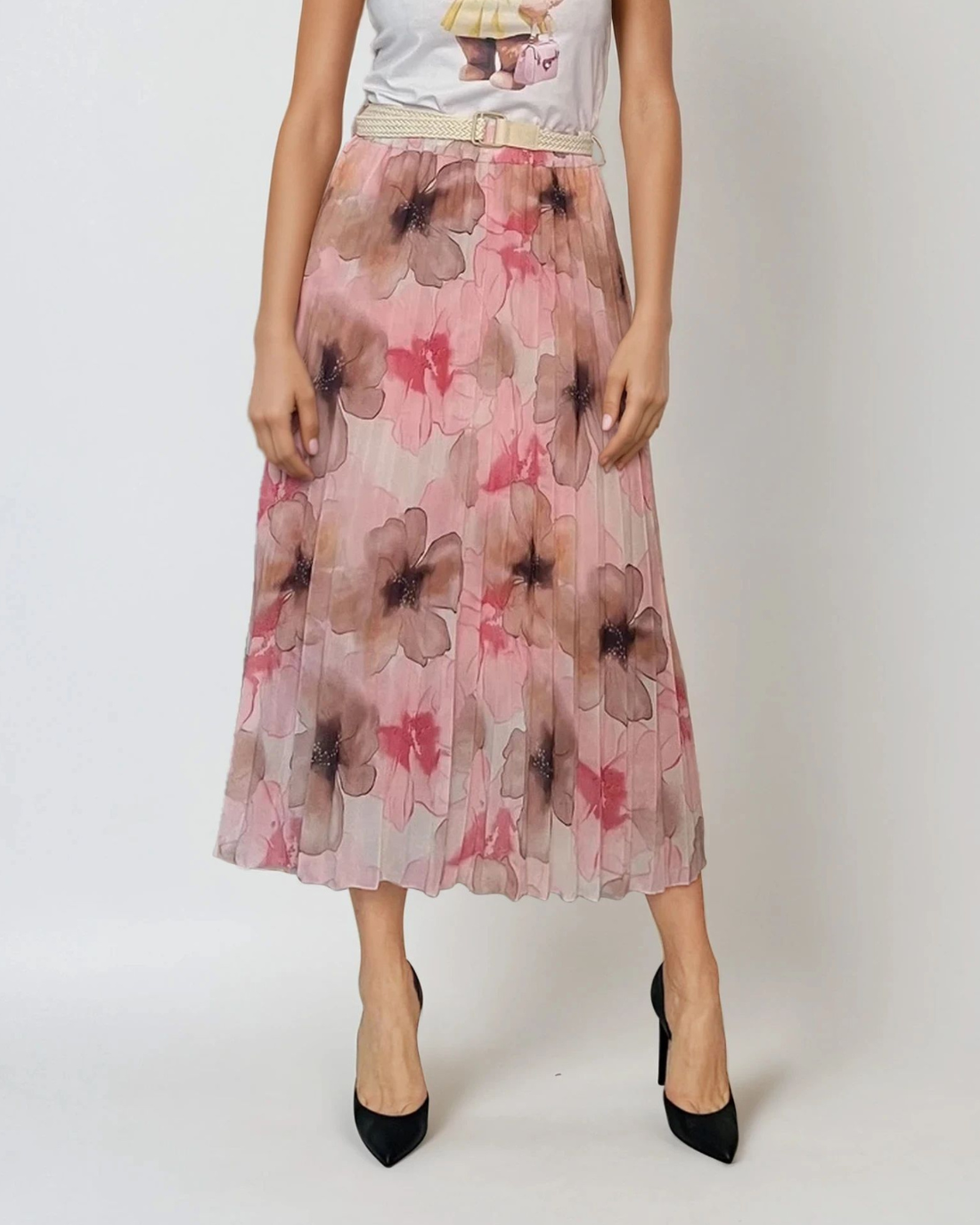 Fustă lungă plisată cu curea și print floral roz - Unica S-L