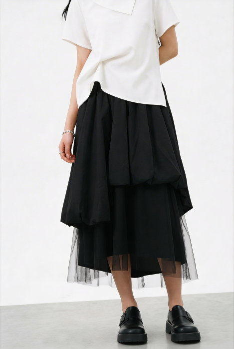 Fusta midi ampla cu straturi si tulle, volum si design asimetric, neagra