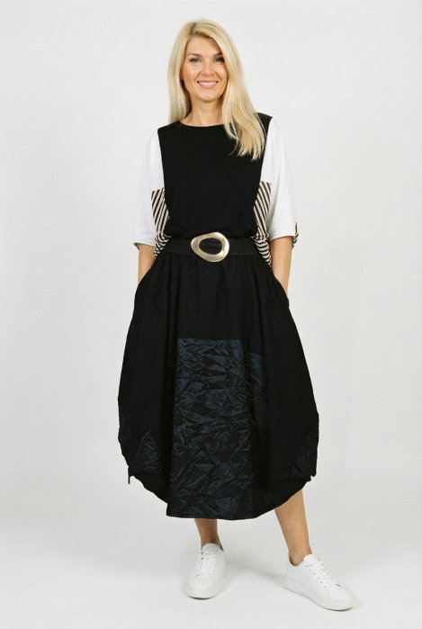 Fusta midi balon din vascoza, cu colturi si insertie material texturat satinat, neagra