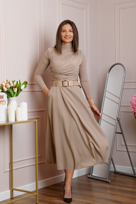 Fusta midi bej eleganta cu talie inalta si curea reglabila Ivy