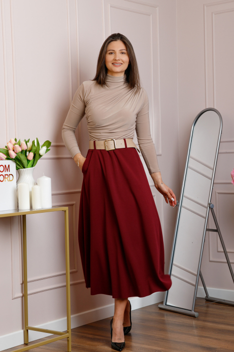 Fusta midi grena eleganta cu talie inalta si curea reglabila Ivy