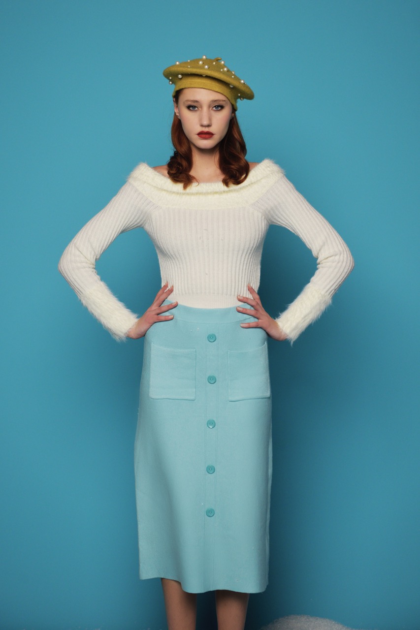 Fustă midi tricotată cu buzunare aqua - Unica S-L