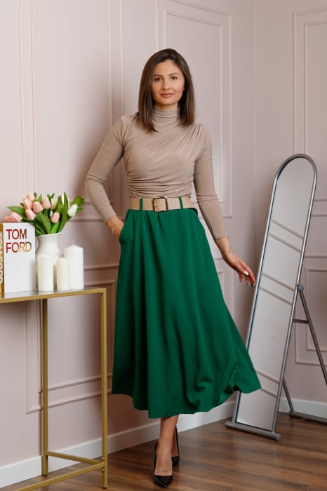 Fusta midi verde smarald eleganta cu talie inalta si curea reglabila Ivy