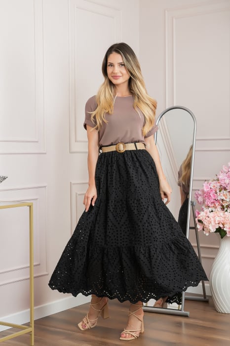 Fusta neagra boho chic cu perforatii si curea in talie