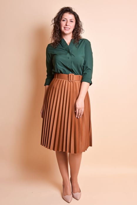 Fusta office plisata Ruby cu centura in talie - Coniac