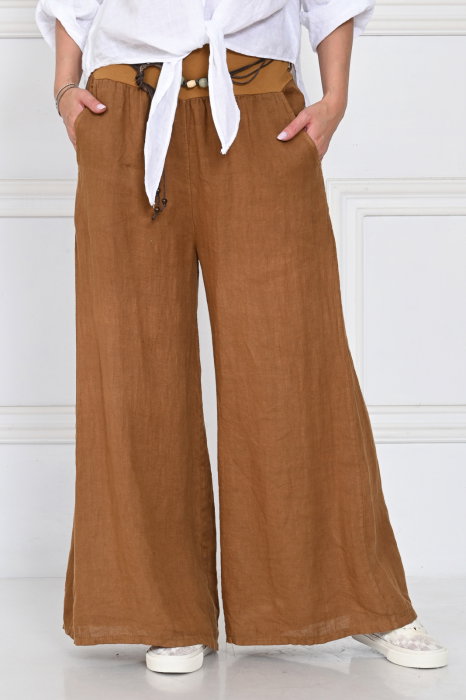 Fusta pantalon camel inchis, casual, din in, cu o curea fancy