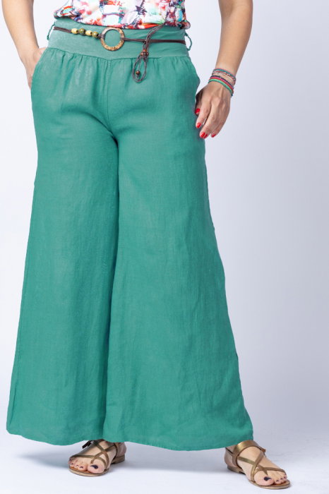 Fusta pantalon turcoaz casual, din in, cu o curea fancy