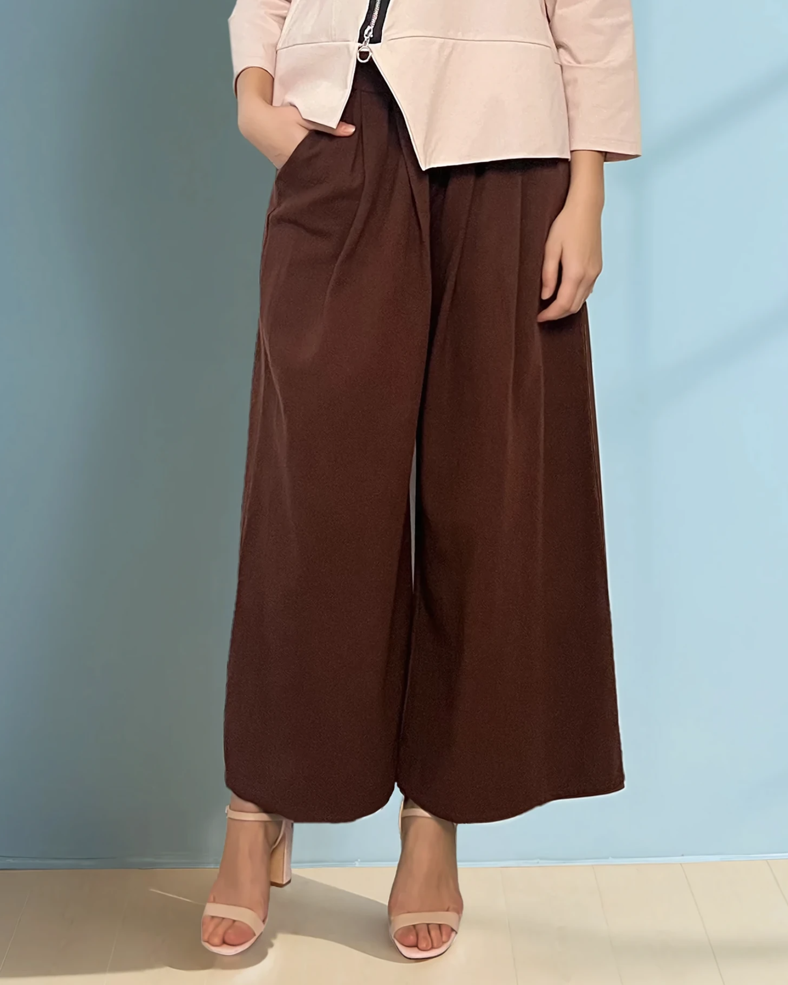 Fustă pantaloni cu buzunare și șiret maro - Unica (XL-3XL)