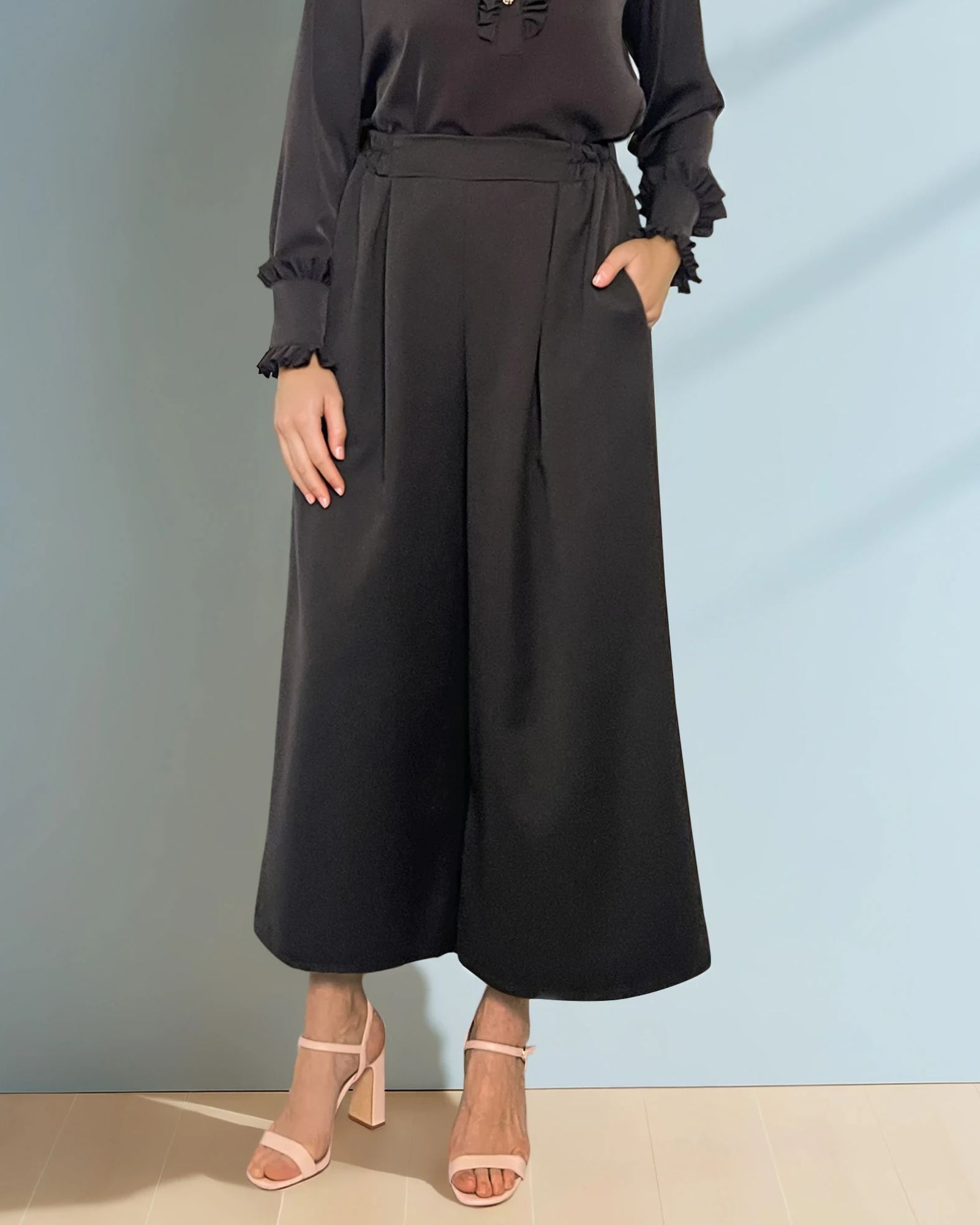 Fustă pantaloni cu pense și buzunare negru - Unica S-L