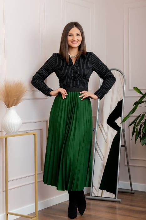 Fusta plisata eleganta Jacqueline cu elastic in talie - Verde