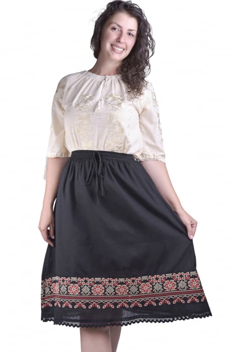 Fusta traditionala neagra cu broderie florala multicolora Teodora