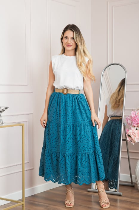 Fusta turcoaz inchis boho chic cu perforatii si curea in talie