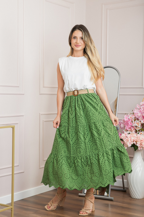 Fusta verde boho chic cu perforatii si curea in talie