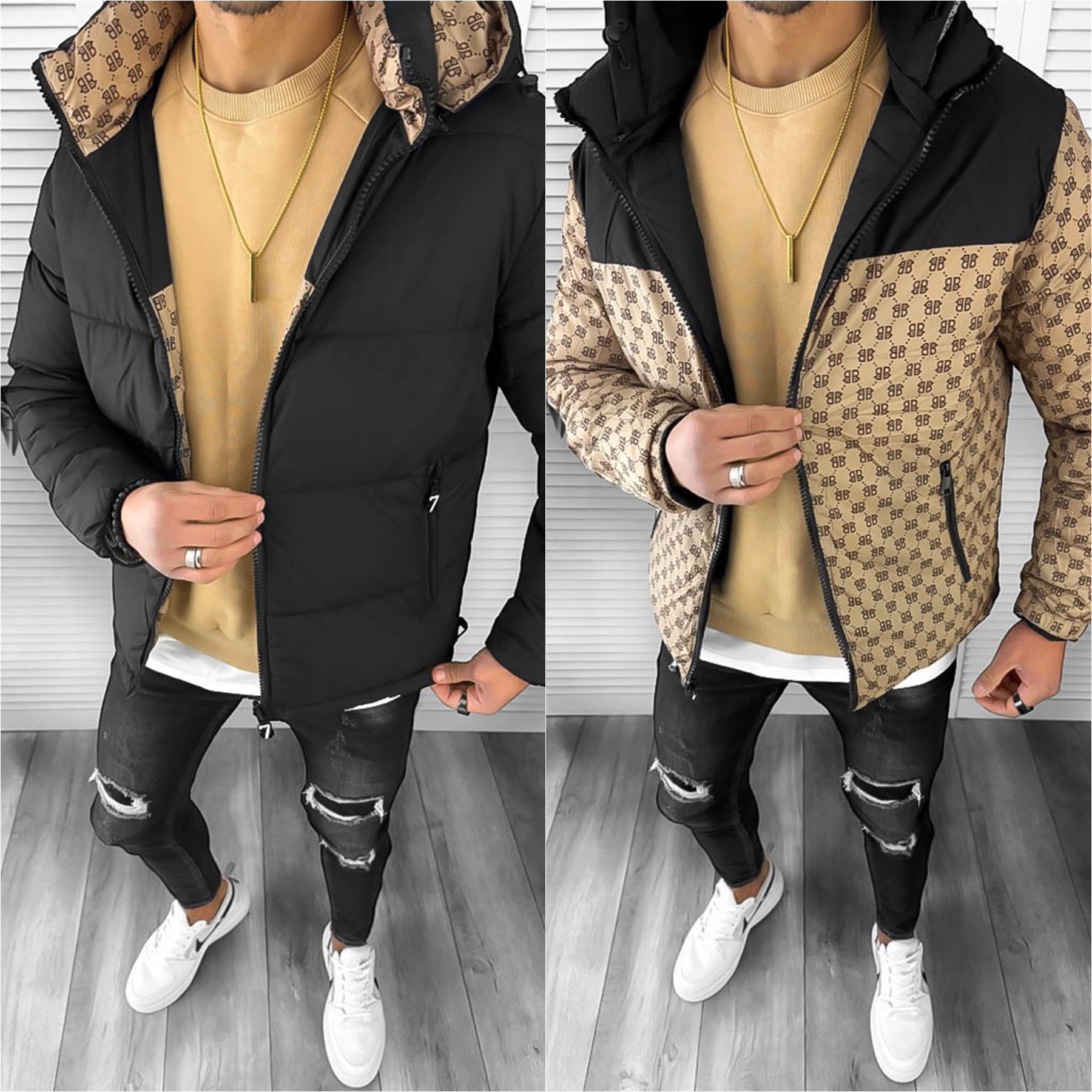 Geaca barbati de iarna cu 2 fete neagra A68 **