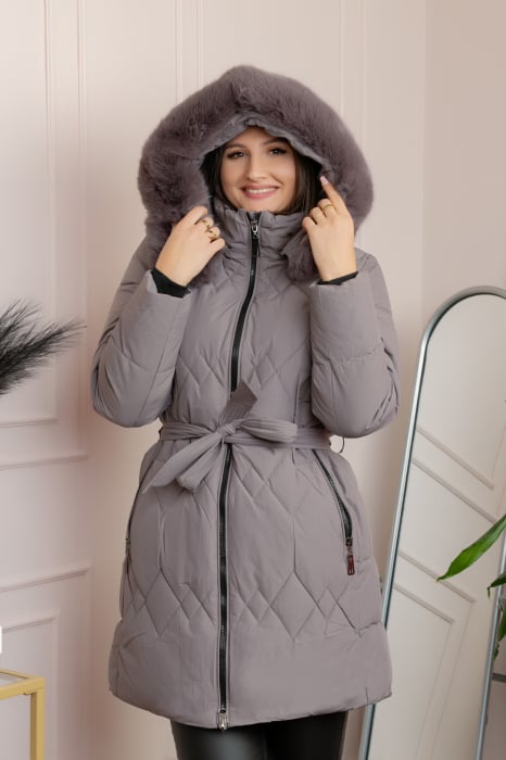 Geaca lunga matlasata din fas Valerie cu gluga detasabila si cordon - Gri lavanda
