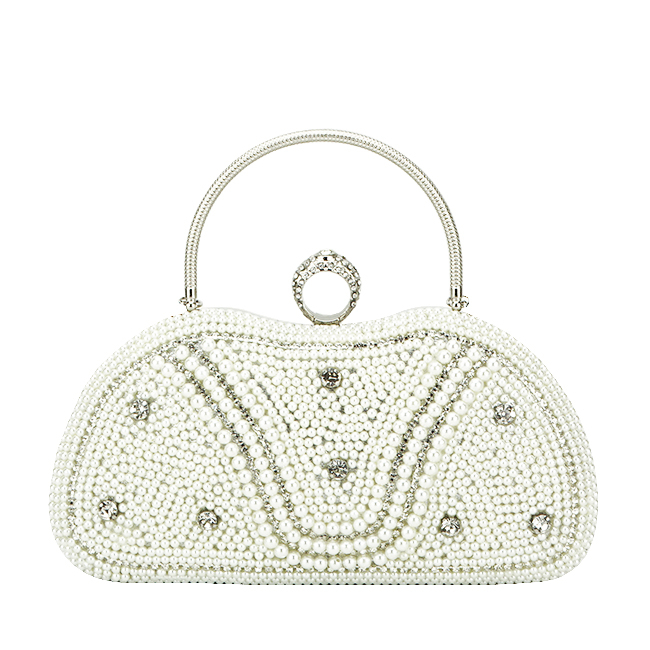 Geanta clutch crem argintiu cu perle si pietricele BME-22732 05
