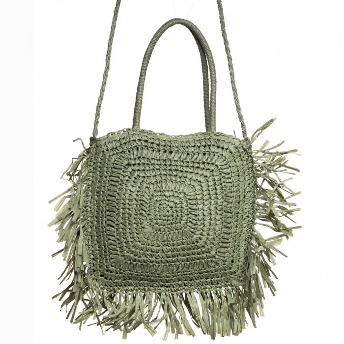 Geanta crossbody patrata mare, impletita cu franjuri mari decorative, verde prafuit