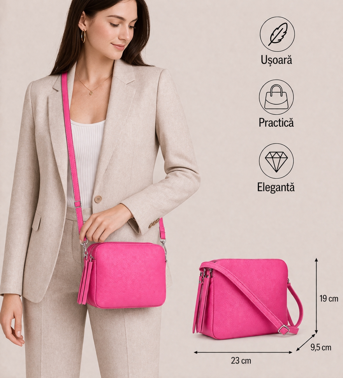 Geanta dama GT2384 Fosca, piele naturala, Fuxia - poza 2