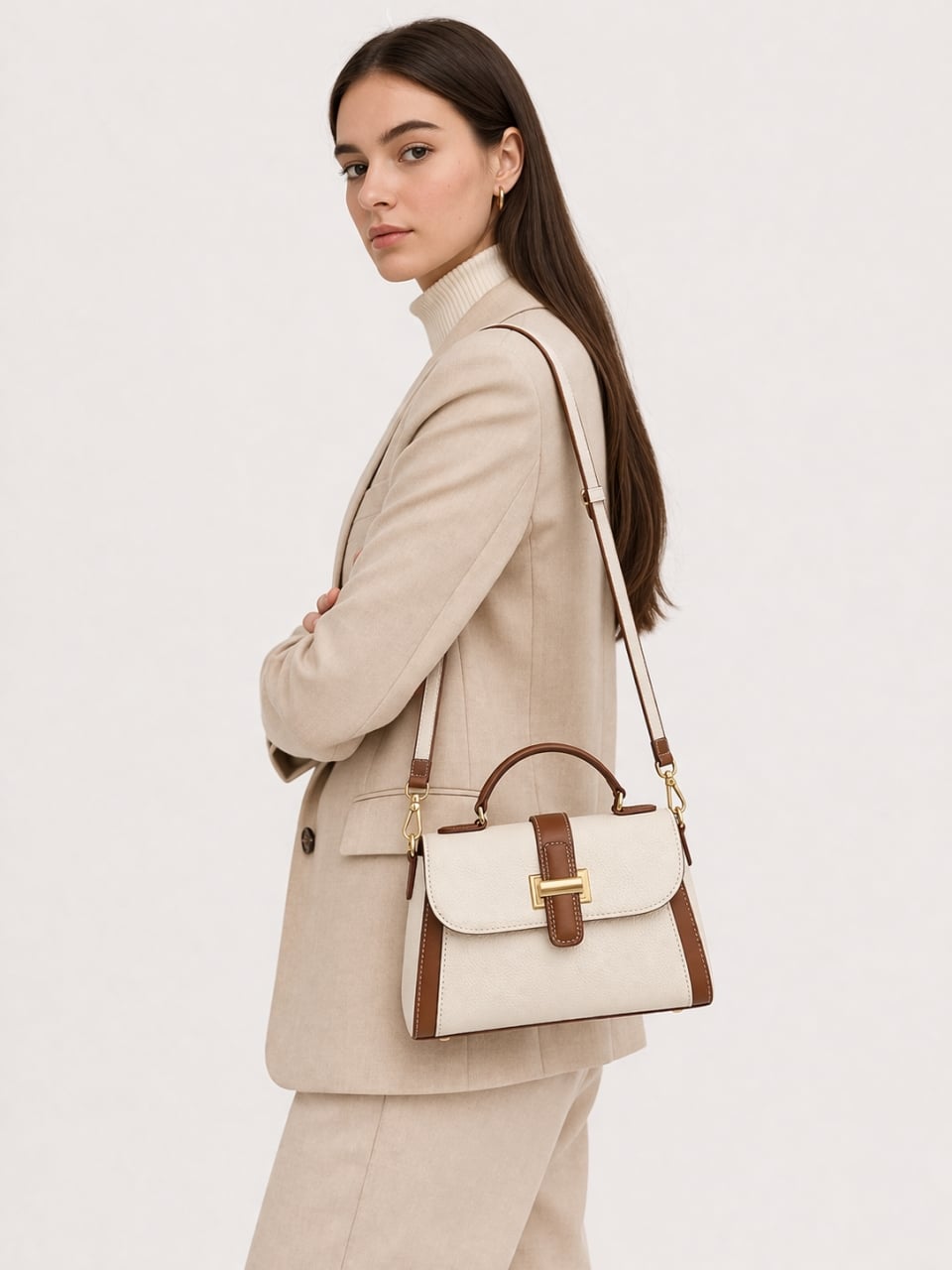 Geanta de dama, Adalina GT2866, piele naturala, Crem - poza 2