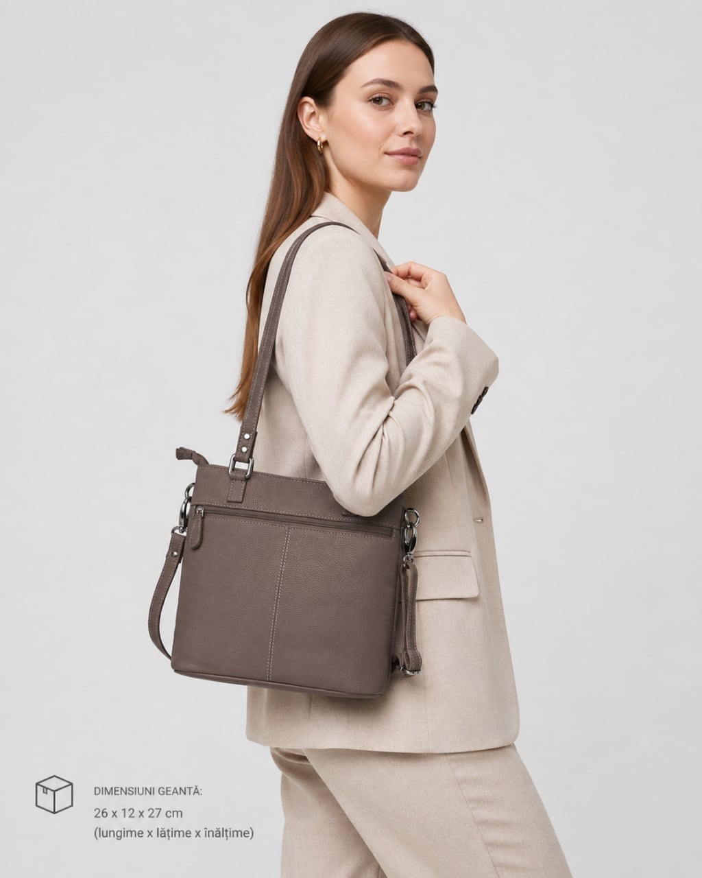 Geanta de dama, Anne GT3856, piele naturala, Dark Taupe - poza 2