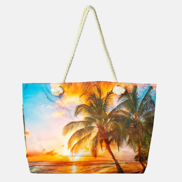 Geanta de plaja din material textil, cu peisaj tropical