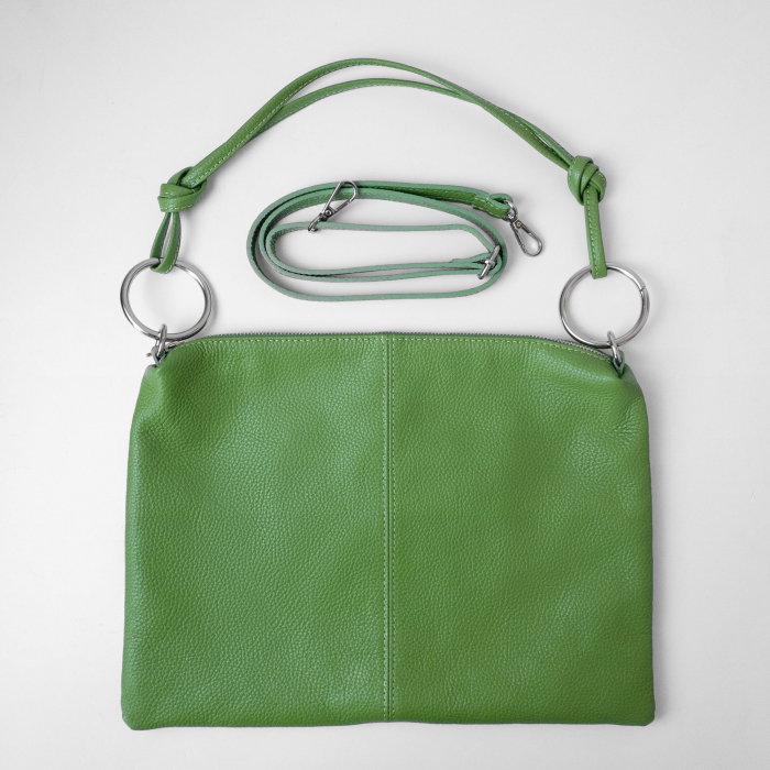 Geanta plic mare cu inele mari arginti si doua barete, din piele naturala verde oliv