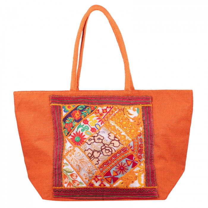 Geanta portocalie din material textil natural tip sac, cu aplicatie unicat, brodata manual