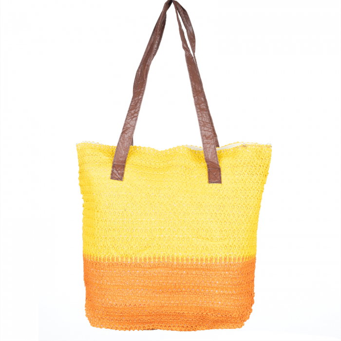 Geanta shopper bicolora impletita, portocaliu si galben