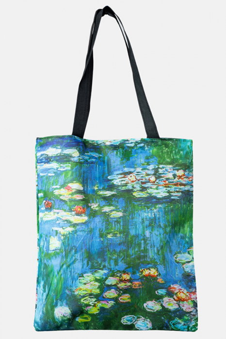 Geanta shopper din material textil, cu imprimeu inspirat dintr-o pictura cu Nuferii de Claude Monet