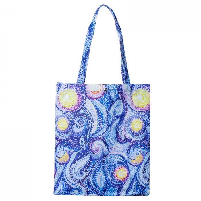 Geanta shopper din material textil, imprimeu abstract mov si galben