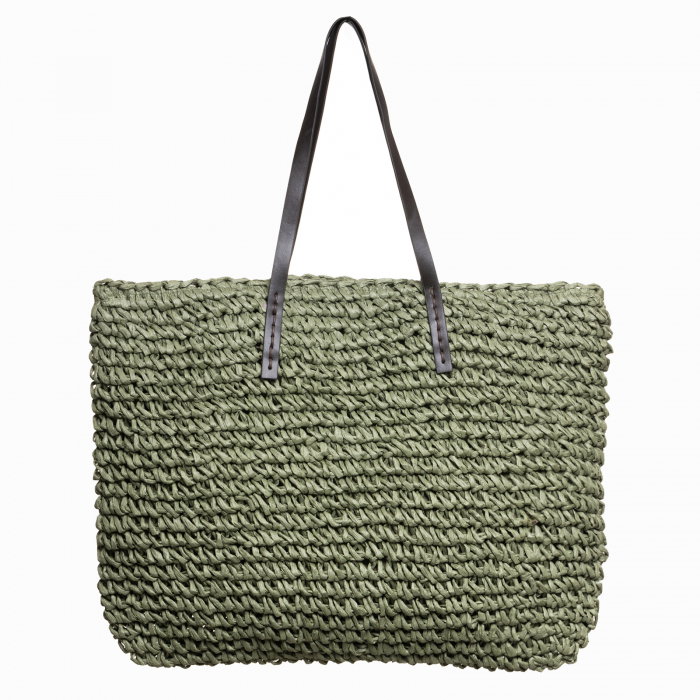 Geanta shopper impletita cu ochiuri mari si manere din piele ecologica, verde prafuit