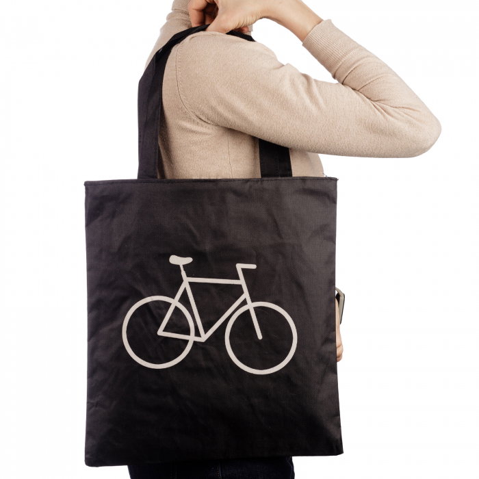 Geanta shopper neagra din material textil, cu imprimeu grafic bicicleta