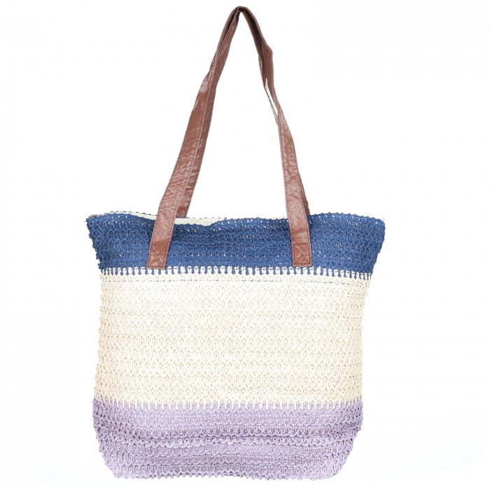 Geanta shopper tricolora impletita, lila, bej si albastru