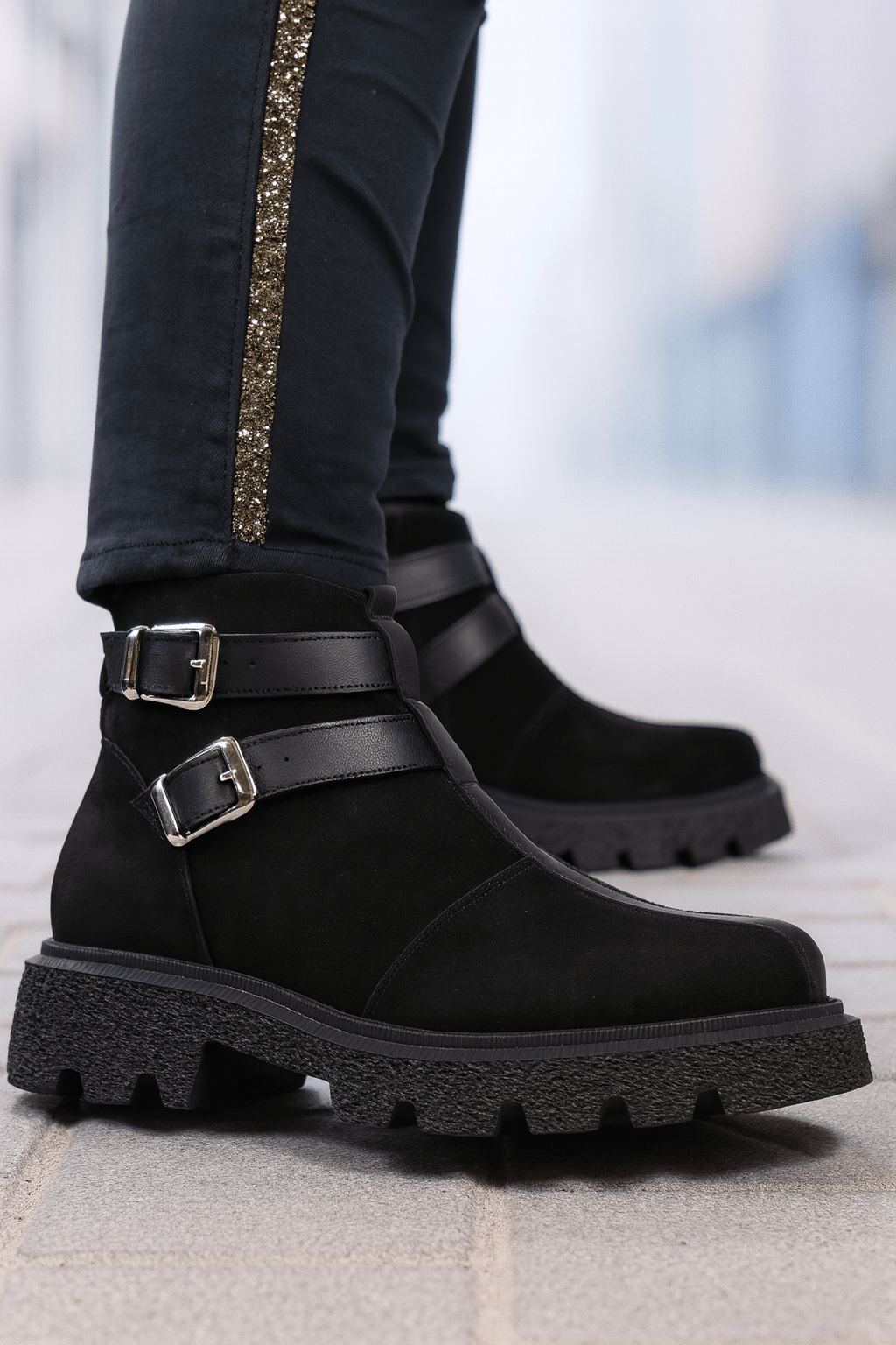 Ghete Casual Dama din Piele cu Catarame Negre - TRYZZ