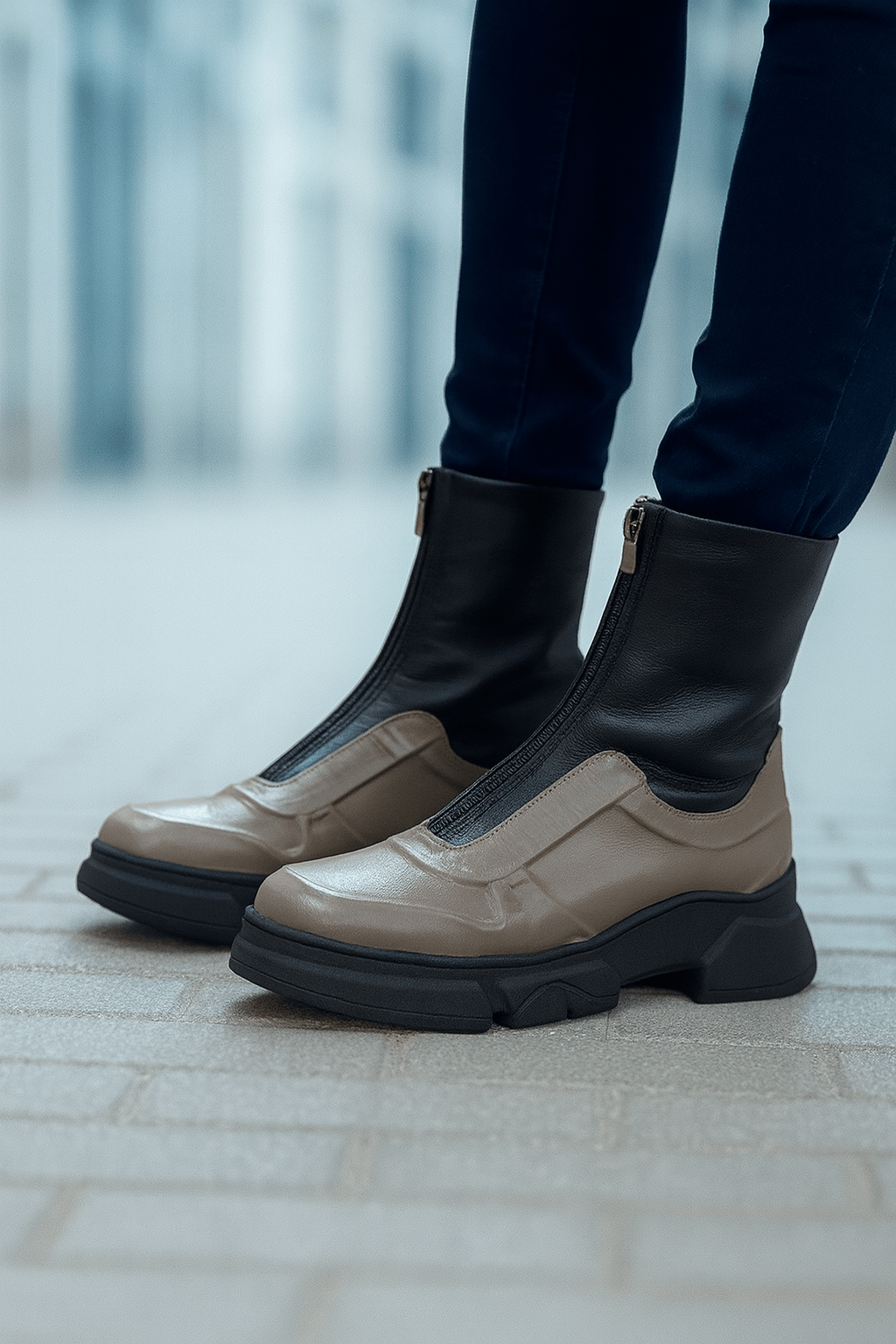 Ghete Casual Dama din Piele cu Fermoar Taupe - FALE