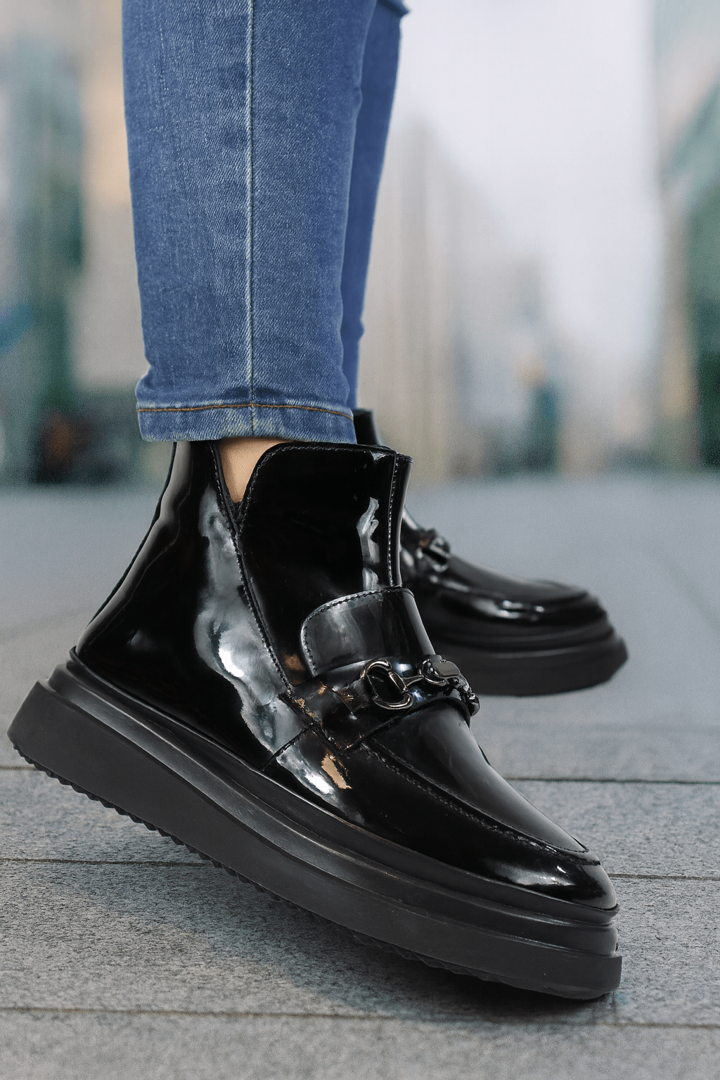 Ghete Casual Dama din Piele Lac Negre cu Accesoriu - SOW