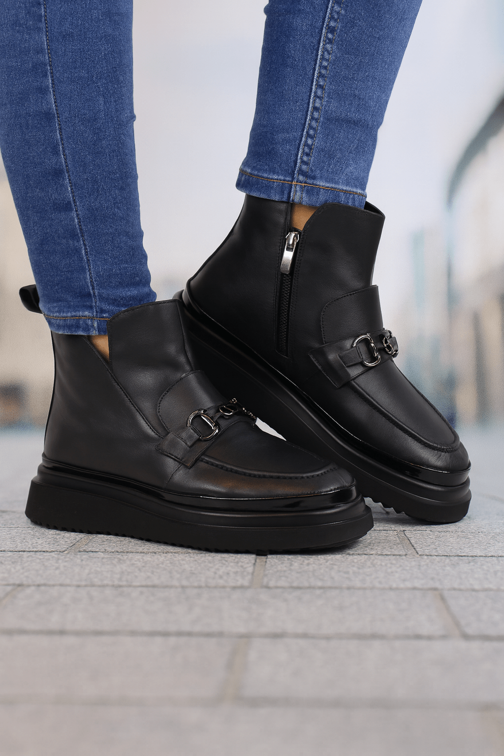 Ghete Casual Dama din Piele Negre cu Accesoriu - SOWE