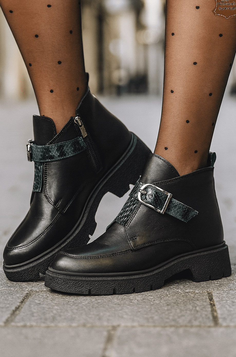 Ghete Casual Dama din Piele Negre cu Imprimeu - DIZA