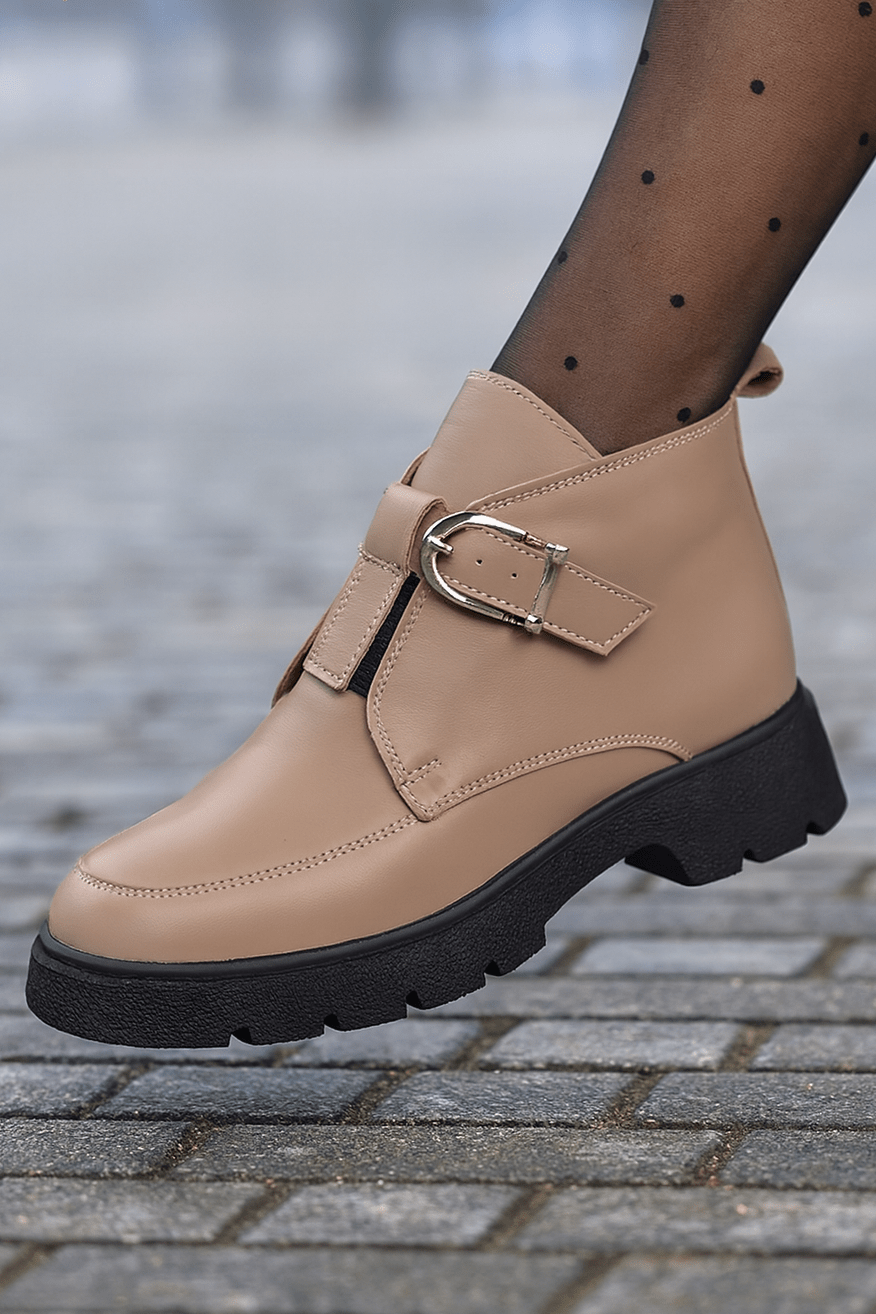 Ghete Casual Dama din Piele Taupe cu Catarama - DIME