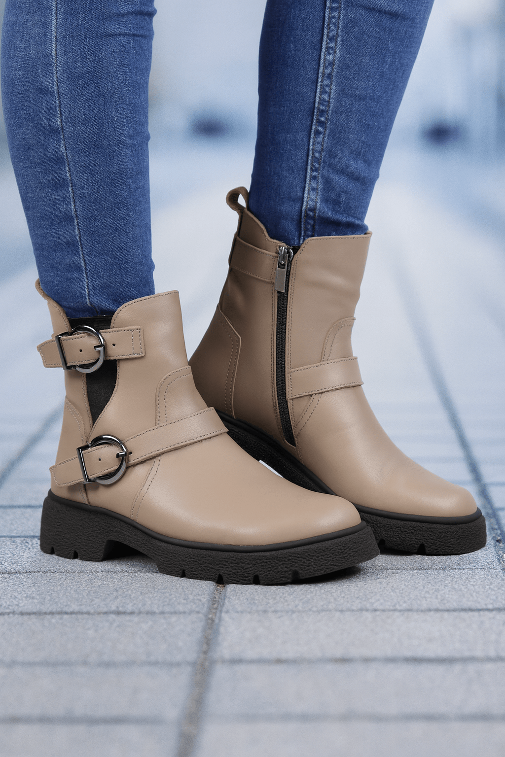 Ghete Casual Dama din Piele Taupe cu Catarame - VICA