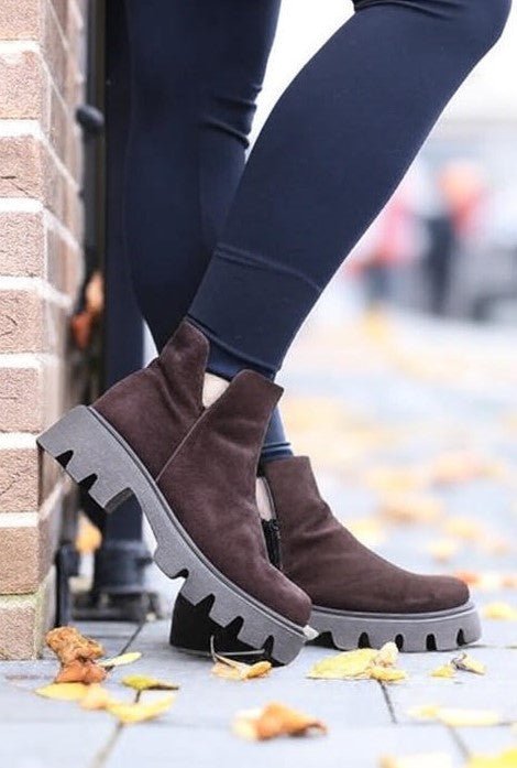 Ghete Casual din Piele Intoarsa Maro cu Fermoar - FAZY