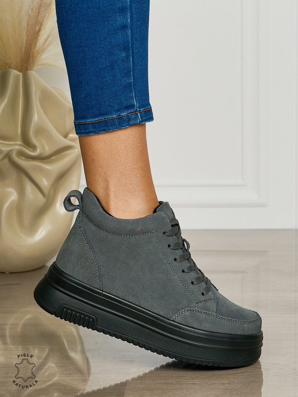Ghete casual din piele naturală cu talpa solida CRL1510 DKGRI