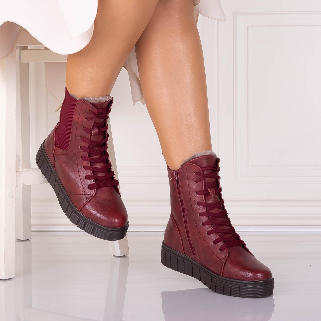Ghete Dama Imblanite Bordo din Piele Ecologica Jameria - poza 1