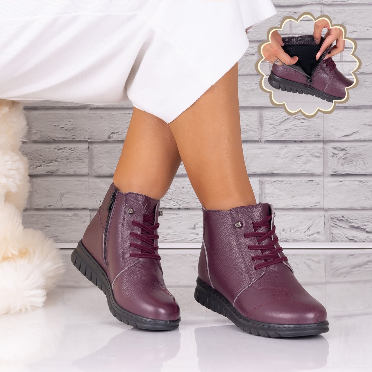 Ghete dama Imblanite Bordo din Piele Naturala Jenny